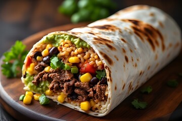 beef barbacoa burrito with rice, beans, corn, and guacamole