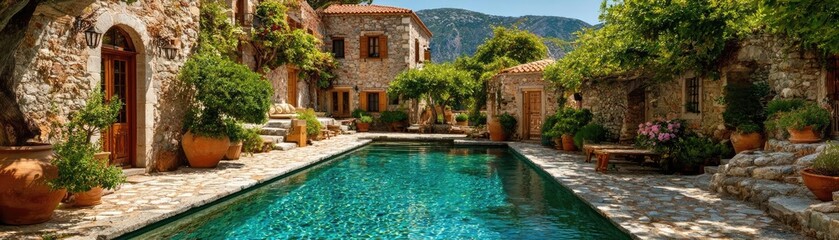 Fototapeta premium Square pool in the Greek villa garden concept. Charming villa with a serene pool surrounded by lush greenery.