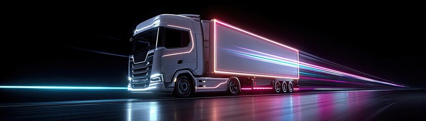 Logistic road with hologram data network online concept. Futuristic truck with illuminated trails in a dark environment
