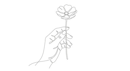 Elegant single line drawing of a hand gently holding a delicate flower illustration