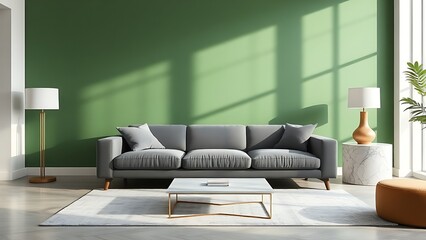 Modern living room with grey sofa and green accent wall, featuring elegant marble decor.