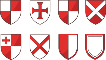 Set of Red and White Heraldic Shields on White Background, Cartoon Style Emblems