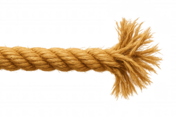 Frayed rope snapping from intense strain, symbolizing breaking point of stress and vulnerability against transparent backdrop