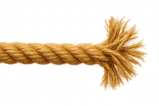 Frayed rope snapping from intense strain, symbolizing breaking point of stress and vulnerability against transparent backdrop