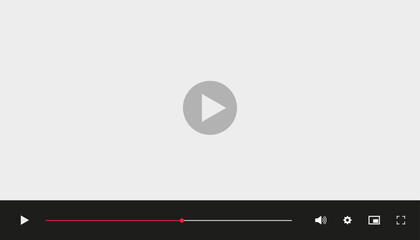 Digital video player interface with play button, progress bar, volume, settings, and fullscreen icons displayed on a minimal gray background
