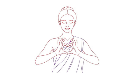 Elegant minimalist line art of a woman making a heart shape with her hands serene expression