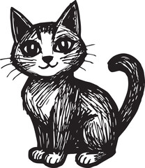 Cat Doodle Black and White Illustration Vector Image Cute Kitten Sketch Line Art Drawing Silhouette