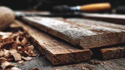 Aged wooden planks and sawdust on a workbench.