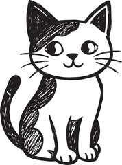 Cat Doodle Black and White Illustration Vector Image Cute Kitten Sketch Line Art Drawing Silhouette