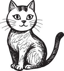 Cat Doodle Black and White Illustration Vector Image Cute Kitten Sketch Line Art Drawing Silhouette