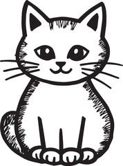Cat Doodle Black and White Illustration Vector Image Cute Kitten Sketch Line Art Drawing Silhouette