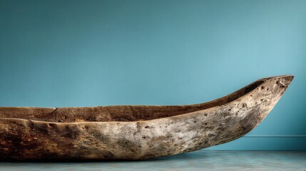 Obraz premium Close up view of an aged wooden canoe displayed against a teal wall. The canoe shows significant wear and texture.