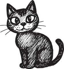 Cat Doodle Black and White Illustration Vector Image Cute Kitten Sketch Line Art Drawing Silhouette