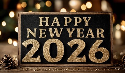 Golden happy new year 2026 text on rustic black wooden signboard with sparkling bokeh lights background, elegant festive celebration concept