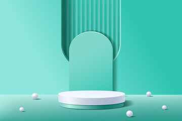3D blue green mint color cylindrical pedestal podium with a backdrop of geometric abstract arched windows