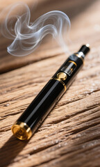 Naklejka premium Close-up of a modern electronic cigarette emitting swirling vapor while resting on a rustic wooden plank surface