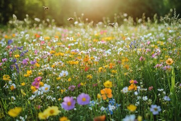 Vibrant Wildflower Meadow with Bees in Sunlit Glow - Nature's Serene Beauty
