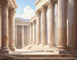 A sun-drenched colonnaded courtyard, bathed in soft light, evokes a serene and ancient ambiance.