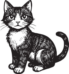 Cat Doodle Black and White Illustration Vector Image Cute Kitten Sketch Line Art Drawing Silhouette