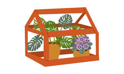 Greenhouse garden . Plants indoor at day and night. Care about plants. Botany and floristry, gardening. Glasses buildings for sprouts. Cartoon flat vector collection isolated on white background