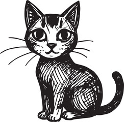 Cat Doodle Black and White Illustration Vector Image Cute Kitten Sketch Line Art Drawing Silhouette