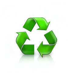 Obraz premium Green recycle icon with three arrows glossy reflective 3D style isolated on white background