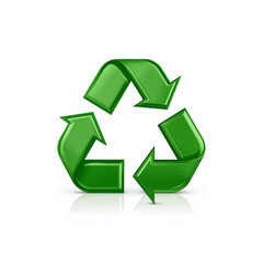 Green recycle icon with three arrows glossy reflective 3D style isolated on white background