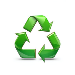 Obraz premium Green recycle icon with three arrows glossy reflective 3D style isolated on white background