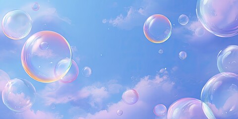 Many colorful iridescent soap bubbles float in a pale blue sky with soft pink clouds
