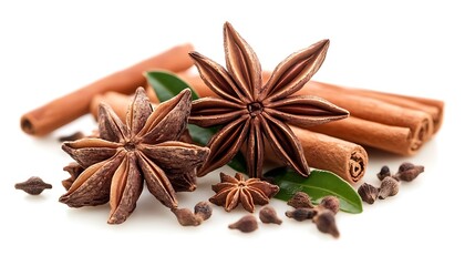 Aromatic star anise pods and cinnamon sticks with cloves and green leaves on white background