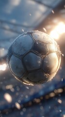 Fototapeta premium Soccer ball resting on field with blurred stadium in background, football sports concept with competitive game energy