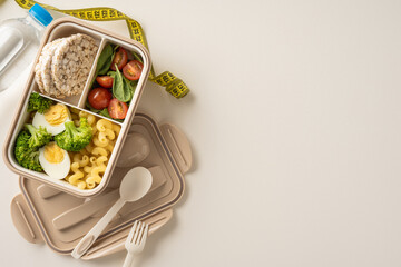 A neatly arranged lunchbox containing nutritious items like eggs, broccoli, tomatoes, pasta, and crackers