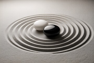 Serene Minimalist Zen Garden: Black and White Spheres in Concentric Circles, Peaceful and Tranquil Mood.