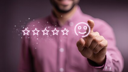 Man's hand interacting with glowing five-star rating and smiley face graphic