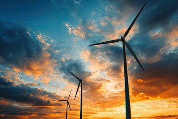 Dramatic sunset over wind turbines