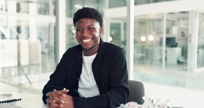 Face, smile and black man with laptop in office with copywriter, blog report and article. Portrait, male person and pride with tech, draft editing and proofreading for project management of web app