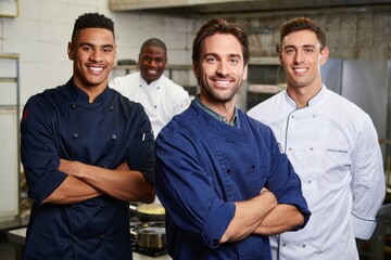 Professional kitchen staff team portrait diverse chefs restaurant culinary experts group shot