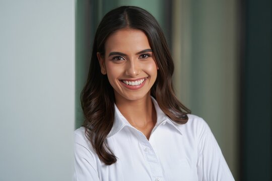 Stock photo of beautiful smiling woman in white shirt professional headshot business portrait