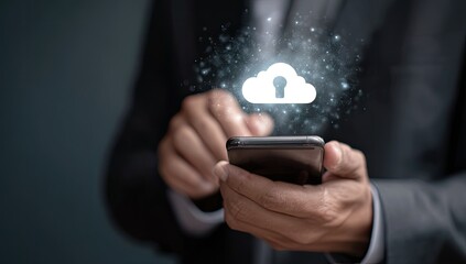 Businessperson's hands hold a phone, a secure cloud icon appears above