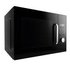 Fototapeta premium Sleek modern black microwave oven, minimal design, isolated on white background, perfect for kitchen appliance product showcase and advertising.