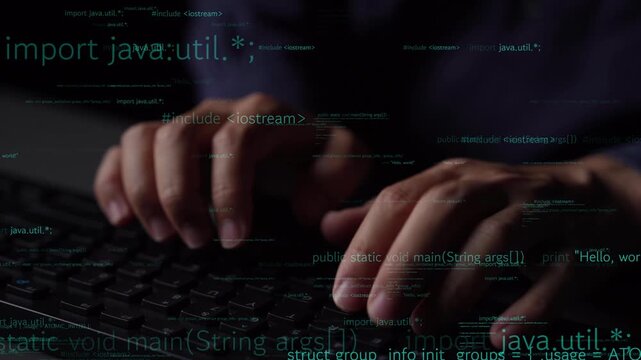 Close-up of hands typing on a keyboard with floating code on the screen, symbolizing software development and the world of programming in a modern digital workspace. Xenic