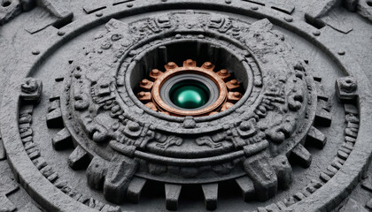 Fototapeta premium Intricate mechanical gear metal gear circular mechanism bronze ring green lens industrial artifact close up textured surface