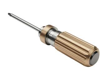 Isolated screwdriver tool with golden handle ready for repair work and construction use