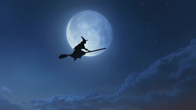 Animation of witch flying on broom under moon, night background for Halloween