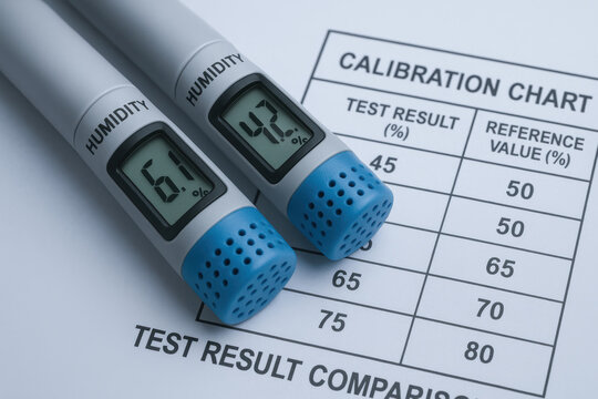 Test result comparison in industry setting with two digital humidity meters displaying different values on calibration chart