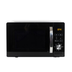 Fototapeta premium Sleek modern black microwave oven, minimal design, isolated on white background, perfect for kitchen appliance product showcase and advertising.