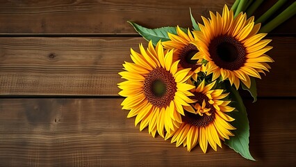 Sunflower arrangement on rustic wood with warm golden lighting.