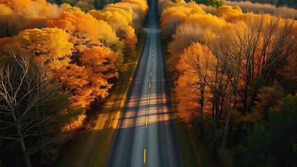 Forked country road through autumn forest during golden hour, symbolizing choices and journeys.