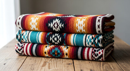 Cozy, vibrant Pendleton blankets stacked on rustic wood create warm, inviting comfort for any home.