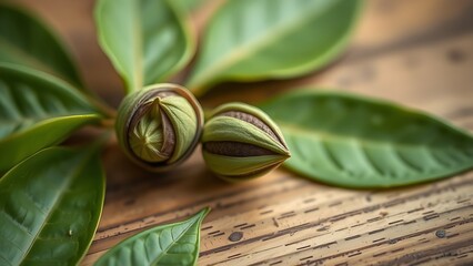 Close-up of fresh tea leaves on a wooden surface, highlighting natural texture and vibrant green tones.